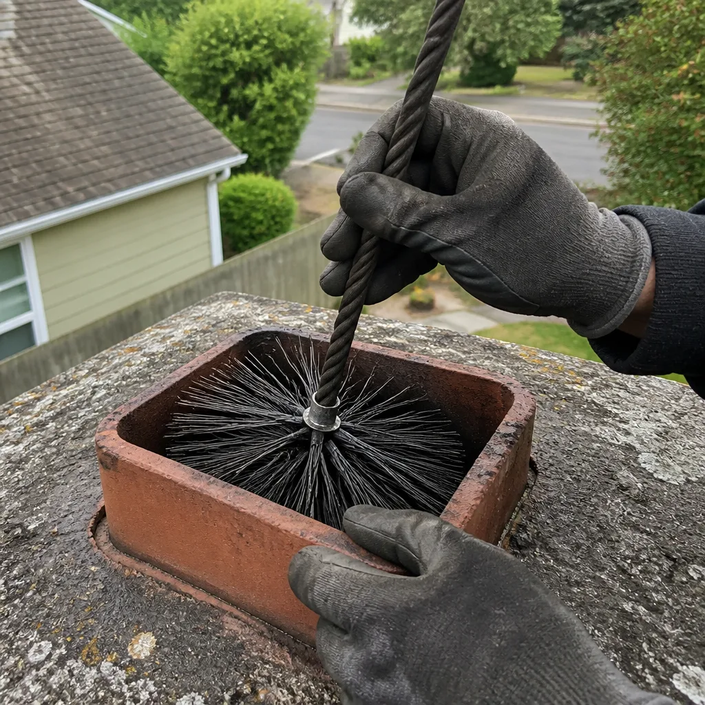 Professional chimney sweep cleaning a chimney flue with a wire brush