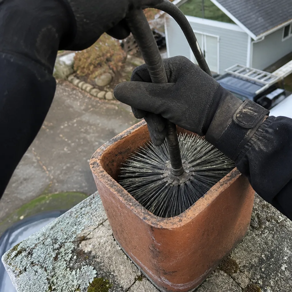 Professional chimney sweep using a stiff brush to clean a chimney flue