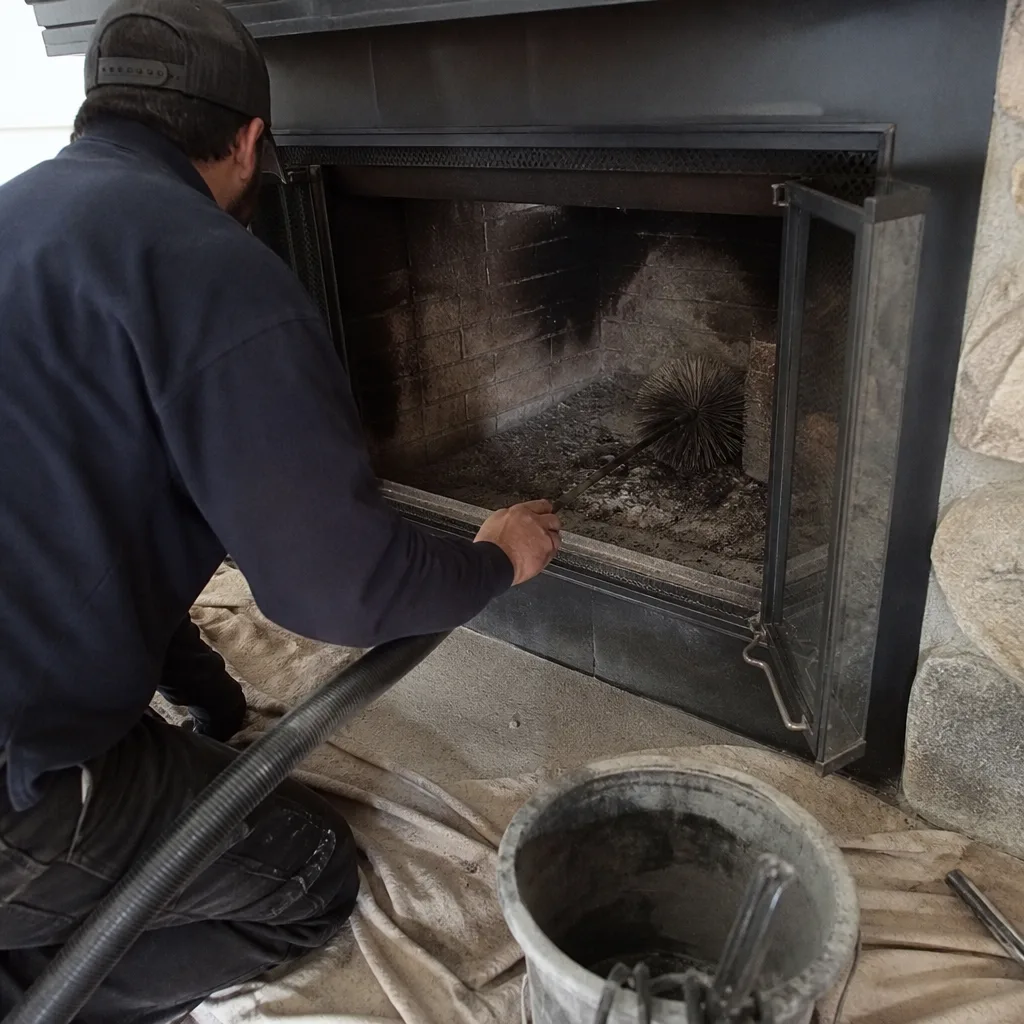 Professional chimney sweep cleaning a fireplace with a brush and vacuum