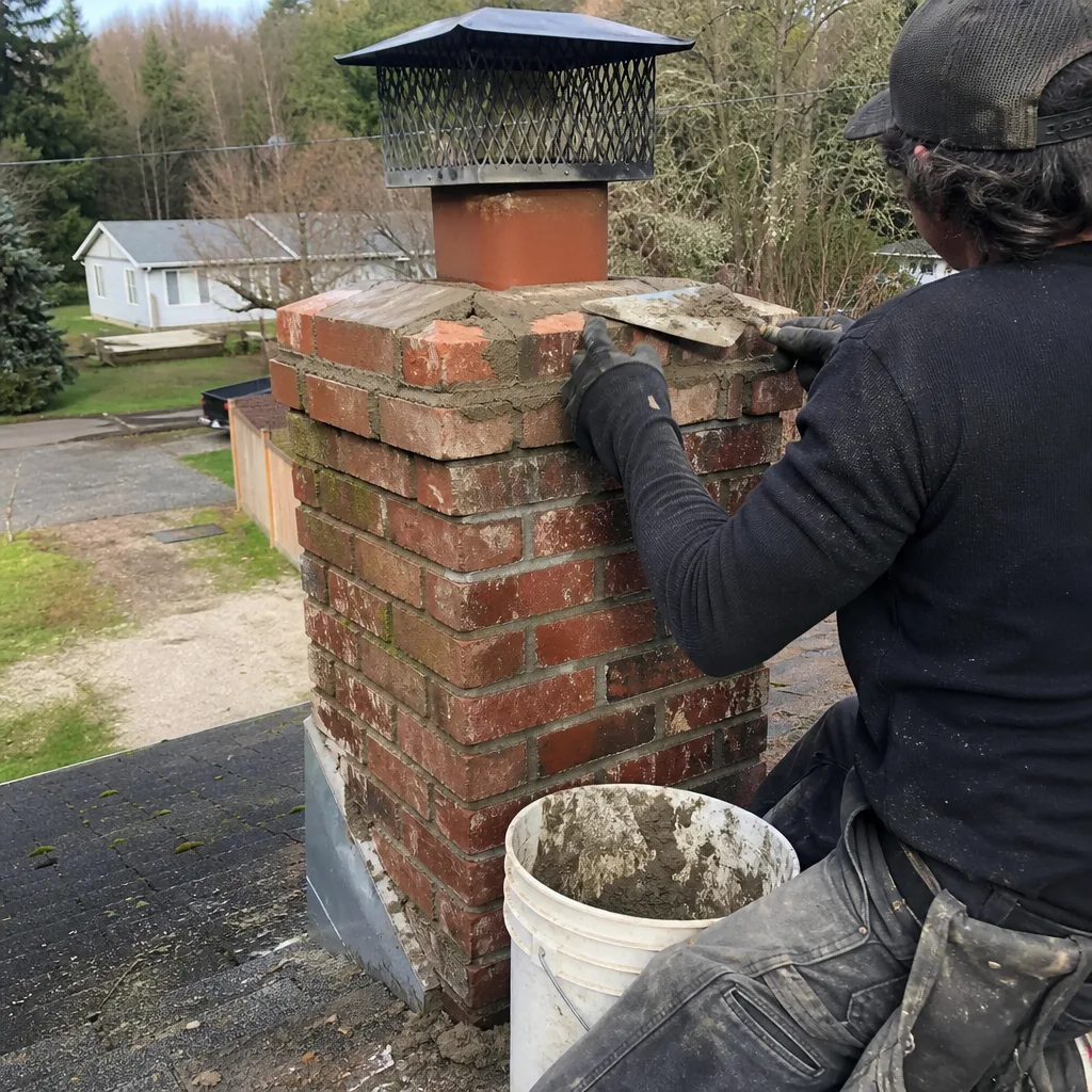 Professional contractor performing brick chimney mortar repair on a residential roof.