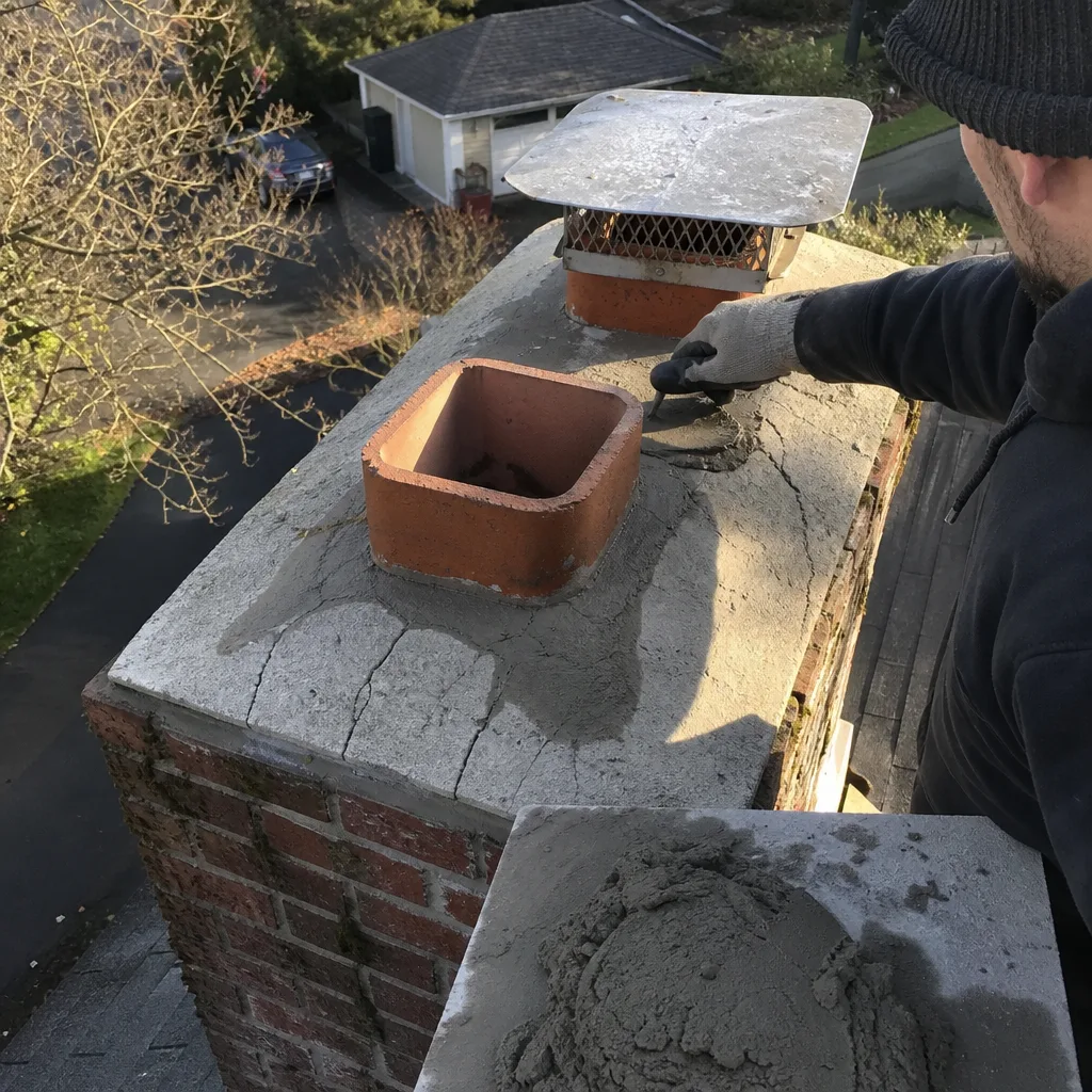 Professional technician repairing a brick chimney crown with mortar on a roof.