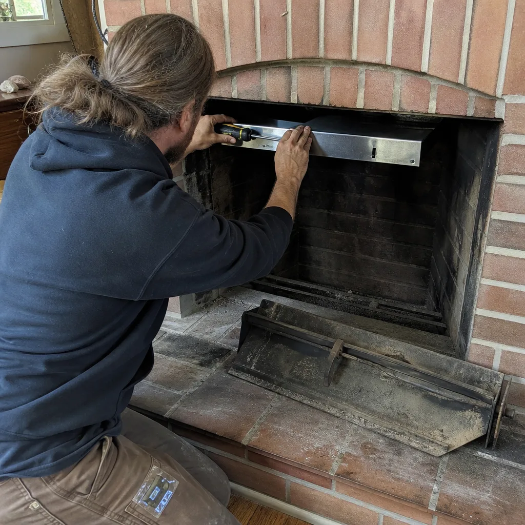 Technician installing a fireplace damper for professional chimney services.