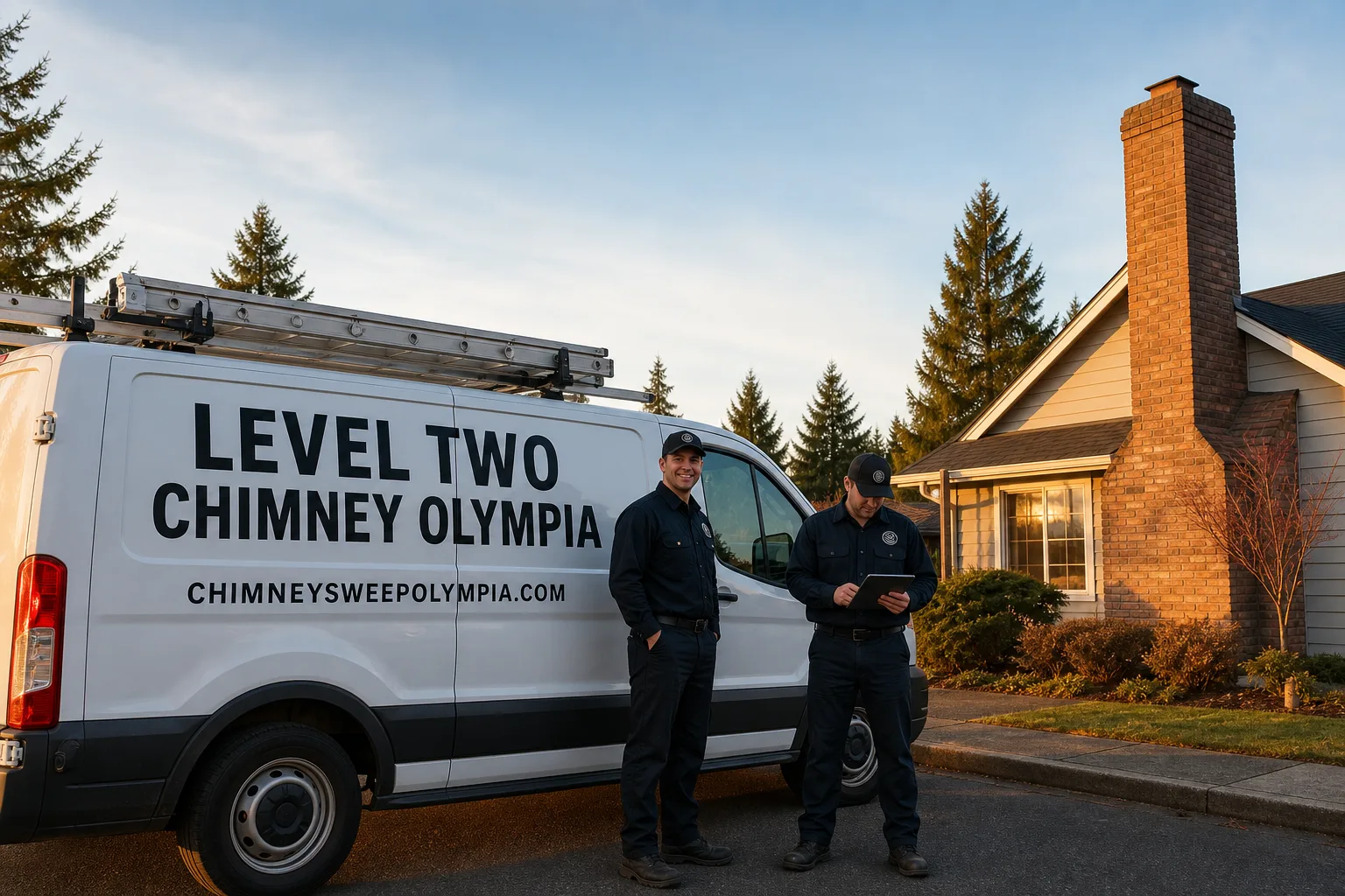 Level Two Chimney Olympia chimney cleaning service vehicle and crew in Olympia, WA